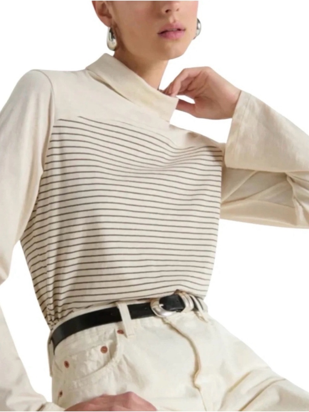 Nation LTD Neo Turtleneck Ivory Stripe Organic Cotton Top M NWT